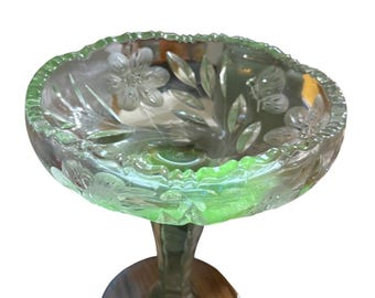 Antique Glowing Glass Large Compote Bowl Floral Etched Pedestal Bowl