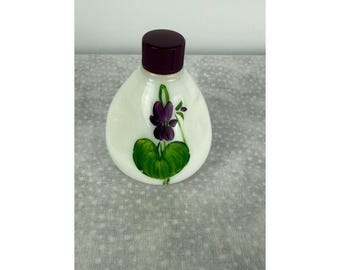 Frasco de perfume antiguo de vidrio opalino pintado a mano con flor violeta Lownds Pateman