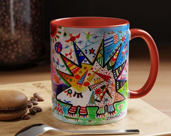 Taza de café con un puercoespín alegre de 325 ml, colorida taza de cerámica con ilustración divertida y caprichosa de puercoespín.