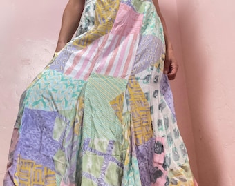 Vintage Pastel Patchwork Watercolor Multiprint Maxi Mermaid Skirt Dorothy Schoelen Platinum Sz 10