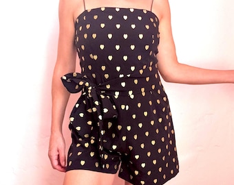 Rare Archive Y2K '07 Kate Moss TopShop Romper Sz 6 Black Gold Metallic Heart w/ Belt