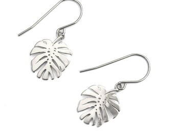 Monstera Leaf Earrings . Silver Leaves with Earwire Hook . For the Plant Lover