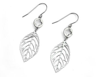 Leaf Earrings . Silver Leaves with Quatrefoil & Earwire Hook . For the Plant Lover
