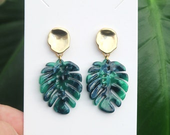 Monstera Dangle Earrings . Large Green Tropical Leaf with Gold Metal Stud, Statement Earrings. Stainless Steel posts.
