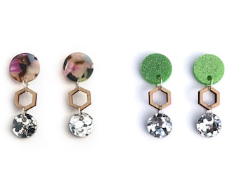 Geo Hexi Rounds Dangle Earrings . CHOOSE ONE . Acrylic & Wood, Statement Earrings . Stainless Steel posts.