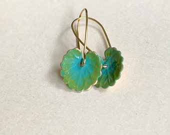 Lily Pad Leaf Earrings . Green Turquoise Verdigris Colours - Hand Painted on Brass . Botanical - Boho Style