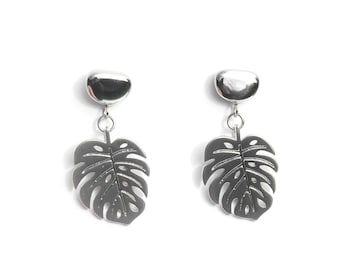 Monstera Leaf Earrings . Silver Leaves with Stainless Steel Stud . For the Plant Lover