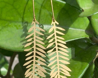 Long Palm Leaf Frond Earrings . Brass Dangle Leaf & Ear Wire Hooks, Statement Earrings.