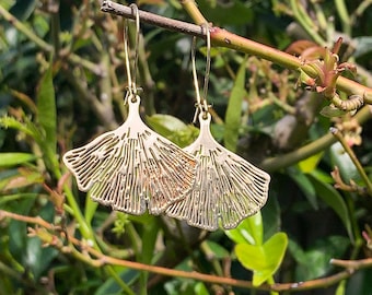 Ginkgo Biloba Leaf Earrings . Gold Dangle Leaves & Ear Wire Hooks, Statement Earrings.
