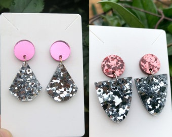 Chunky Silver Glitter / Pink Mirrored Or Chunky Pink / Silver Glitter - Modern Chandelier Statement Earrings . Acrylic Dangle
