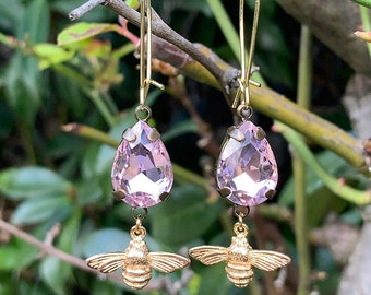 Light Pink Vintage Style Tear drop Glass & Gold Bee Dangle Earrings . Gold, Brass, Statement Earrings.