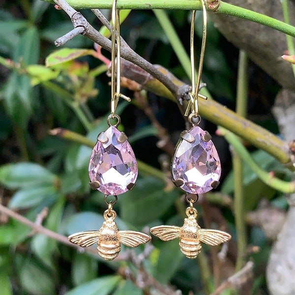 Light Pink Vintage Style Tear drop Glass & Gold Bee Dangle Earrings . Gold, Brass, Statement Earrings.