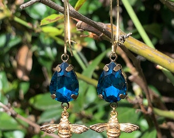 Sapphire Blue Vintage Style Tear drop Glass & Gold Bee Dangle Earrings . Gold, Brass, Statement Earrings.