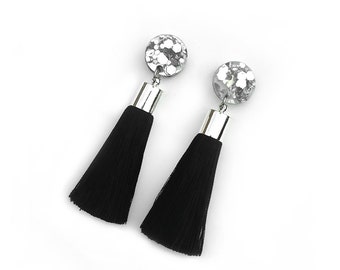 Black Tassel Earrings with Chunky Silver Glitter Top Stud . Statement Earrings. Stainless Steel posts.