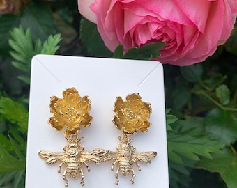 Gold Bubble Bee & Flower Earrings . Stud Style, Statement Earrings .