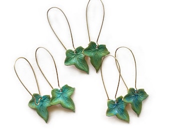 Ivy Leaf Earrings . Green Turquoise Verdigris Colours - Hand Painted on Brass . Botanical - Boho Style