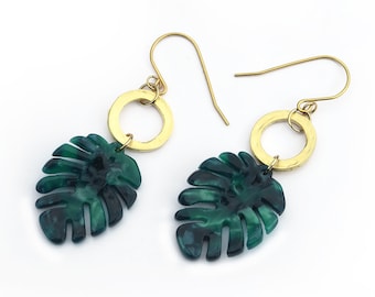 Monstera Dangle Earrings . Large Green Tropical Leaf with Gold Hammered Circle Link & Gold Earwire Hooks, Statement Earrings.