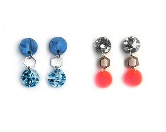 Geo Hexi Rounds Dangle Earrings . Acrylic & Silver OR Fluro Statement Earrings. Stainless Steel posts.