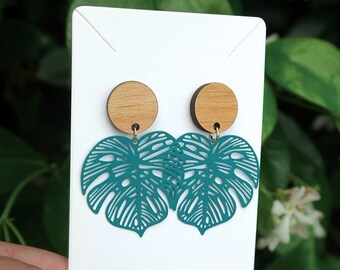 Monstera Dangle Earrings . Large Teal Green Leaf with wood Stud, Statement Earrings. Stainless Steel posts.