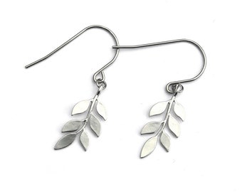 Branch of Leaves Earrings . Dangle Silver Leaf with Stainless Steel Hooks, Statement Earrings.