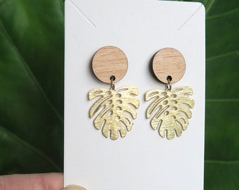 Monstera Dangle Earrings . Brass Leaf with Timber Stud top. Statement Earrings. Stainless Steel posts.