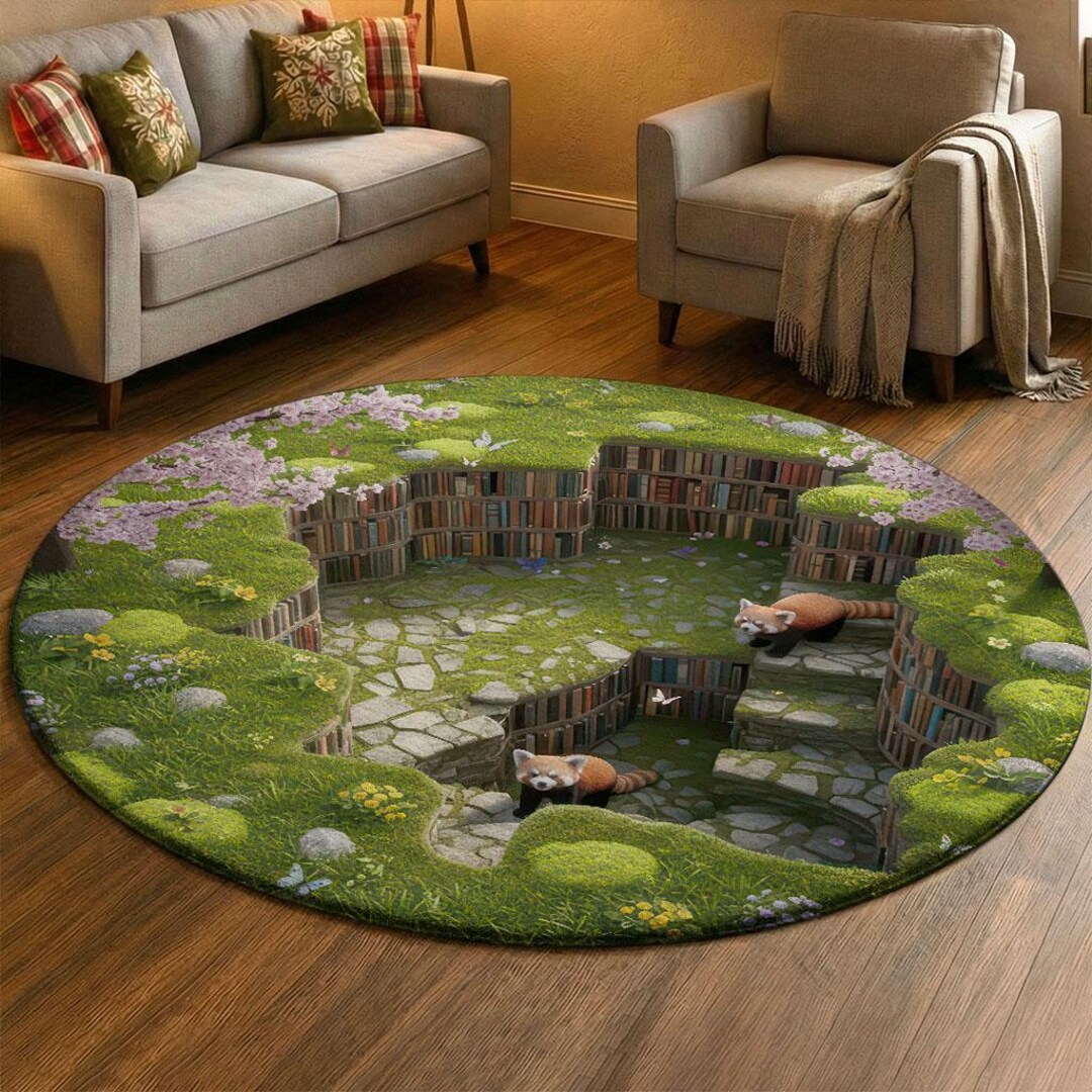 Hidden Library Rug Spring Panda Library Round Rug 3D Hidden Garden Illusion Mat, Pink ...