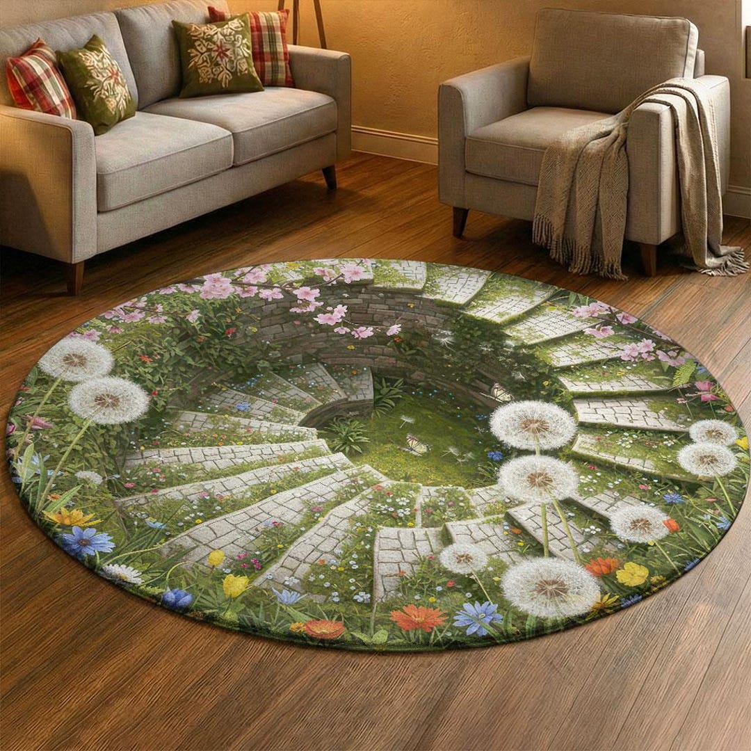 Dandelion Spiral Stairs Round Rug 3D Spring Garden Optical Illusion Mat ...