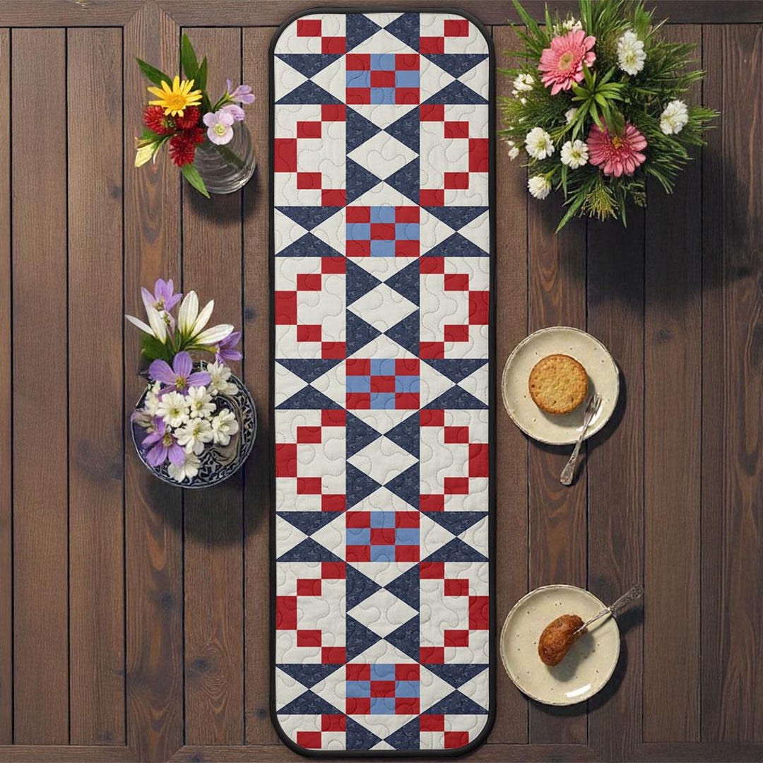Patriotic Star Quilted Table Runner, Red White Blue Geometric Patchwork ...