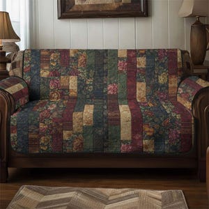 May include: A floral patchwork sofa cover in a traditional style. The cover features vertical panels of various floral and geometric patterns in shades of burgundy, green, and beige. The sofa itself is made of dark wood.