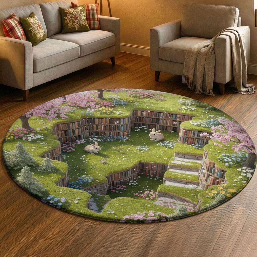 Llibrary Rugs Rabbit Library Spring Round Rug 3D Garden Bookcase Optical Illusion Mat ...