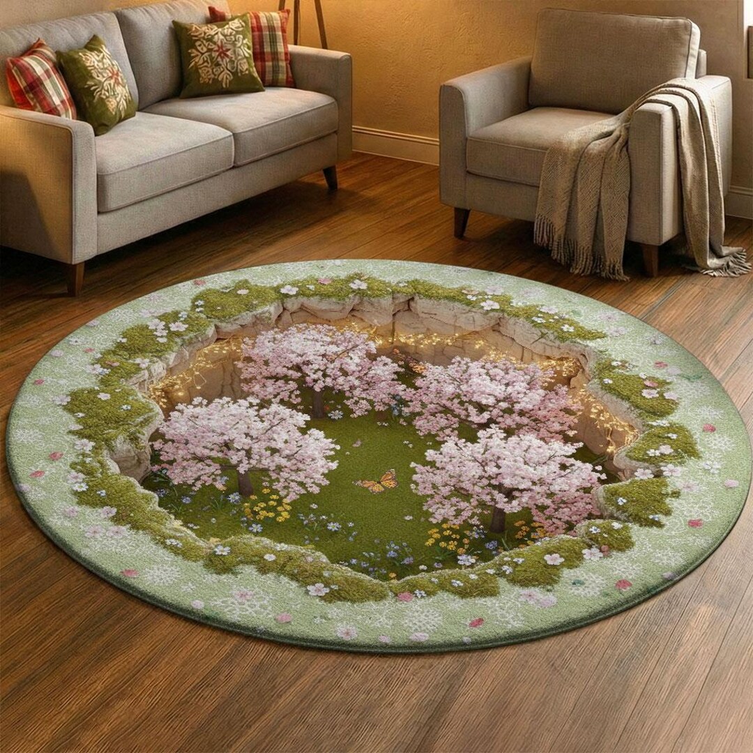 Sakura Rug 3D Cherry Blossom Spring Rug, Pink Sakura Tree Garden Carpet, Butterfly ...