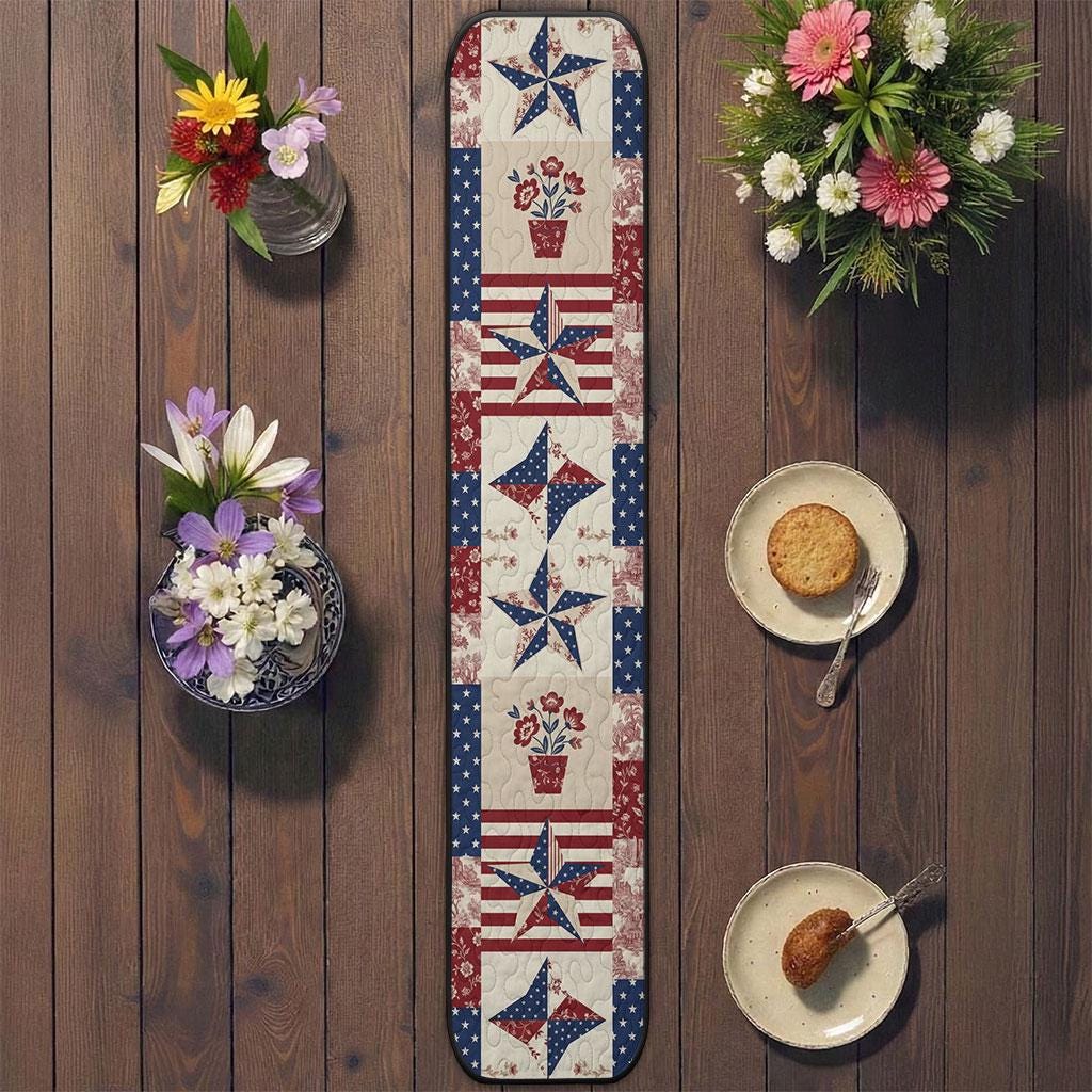 Discover Stars and Flowers Quilted Table Runner Patriotic Red White Blue Table Decor Patchwork Quilt Home Decor Americana Rustic Farmhouse Accents