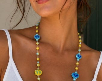 Collar Circe – Collar de cuentas azul y limón mediterráneo, joyería de verano hecha a mano, collar bohemio costero, regalo de estilo italiano