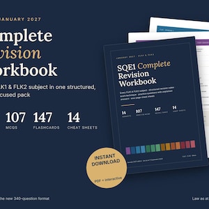 May include: A digital SQE1 January 2027 Complete Revision Workbook featuring 165 pages, 107 MCQs, 147 flashcards, and 14 cheat sheets. The dark blue cover displays the title, subject counts, and a colorful bar graphic. Includes an instant download badge.