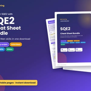 Könnte beinhalten: Ein SQE2 Cheat Sheet Bundle von DNATutoring mit 46 druckbaren Seiten. Das Dokument enthält mündliche und schriftliche Fähigkeiten, Plädoyer-Skripte, Interviews und Ethik. Das Design verwendet einen dunkelblauen und violetten Hintergrund.