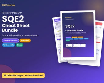 Könnte beinhalten: Ein SQE2 Cheat Sheet Bundle von DNATutoring mit 46 druckbaren Seiten. Das Dokument enthält mündliche und schriftliche Fähigkeiten, Plädoyer-Skripte, Interviews und Ethik. Das Design verwendet einen dunkelblauen und violetten Hintergrund.
