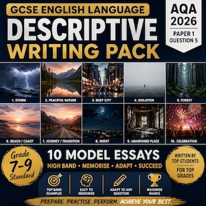May include: A promotional image for a GCSE English Language Descriptive Writing Pack. The image features ten visual prompts, including a storm, peaceful nature, a busy city, and a forest. The pack includes model essays and is designed for grades 7-9.