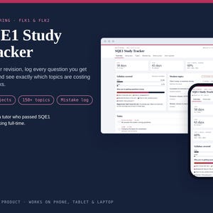 May include: A digital SQE1 Study Tracker displayed on a laptop screen and a smartphone. The interface features progress bars, topic lists, and statistics for 15 subjects and 150+ topics. The dark blue background includes text detailing the tracker's features.