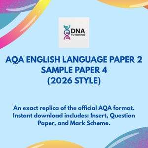 May include: A blue background with colorful abstract shapes and text. The text reads "AQA ENGLISH LANGUAGE PAPER 2 SAMPLE PAPER 4 (2026 STYLE)" and "An exact replica of the official AQA format. Instant download includes: Insert, Question Paper, and Mark Scheme."