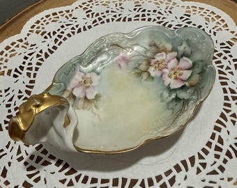 JPL Limoges France Hand Painted Floral Candy Dish Bowl Gold Gilt Signed