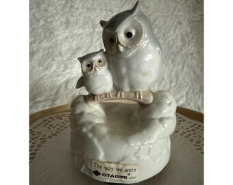 Otagiri Owl Music Box Porcelain Mother & Baby Bird "The Way We Were" Vtg Japan