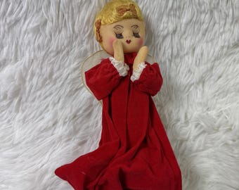 Ángel navideño articulado japonés vintage de los años 60, decoración de terciopelo rojo, estante para colocar