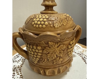 Tarro para galletas vintage de 1972, de cerámica marrón con diseño de vid, con tapa, 18 cm (7 pulgadas)