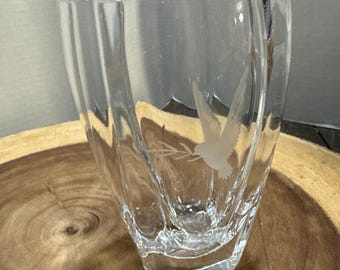 Vintage Signed SKRUF Sweden Etched Crystal Dove Vase Scandinavian Art Glass 4.5"