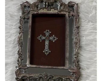 Belinda Miley 2004 Shadow Box Cross Swarovski Crystal Mirrored Frame Wall Decor