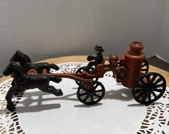 Vintage Cast Iron Fire Pumper Wagon Toy with Horses (8.5")