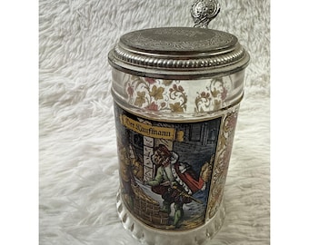 Vintage German Pewter Lidded Beer Stein W Germany BMF Glass Seidel Der Kaufmann