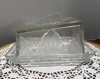 Vintage Sherdley Art Deco Glass Cheese Dish Butter Dome Frosted England Lid