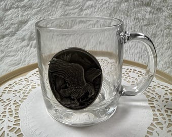 Vintage Heritage Pewter Eagle Glass Mug USA 3D Emblem Wildlife Barware Cup