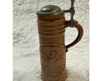Vintage Gerz W Germany Beer Stein Pewter Lidded Medieval Knight Joust Stein 9.5"